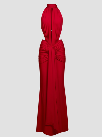 Stretch jersey maxi dress with high neck and open back