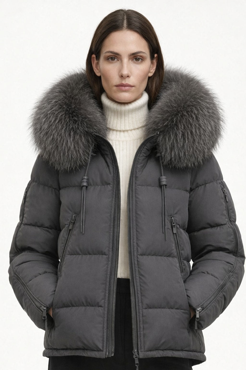 Down Puffer Coat With Hood And Fur Trimmed Collar - 6