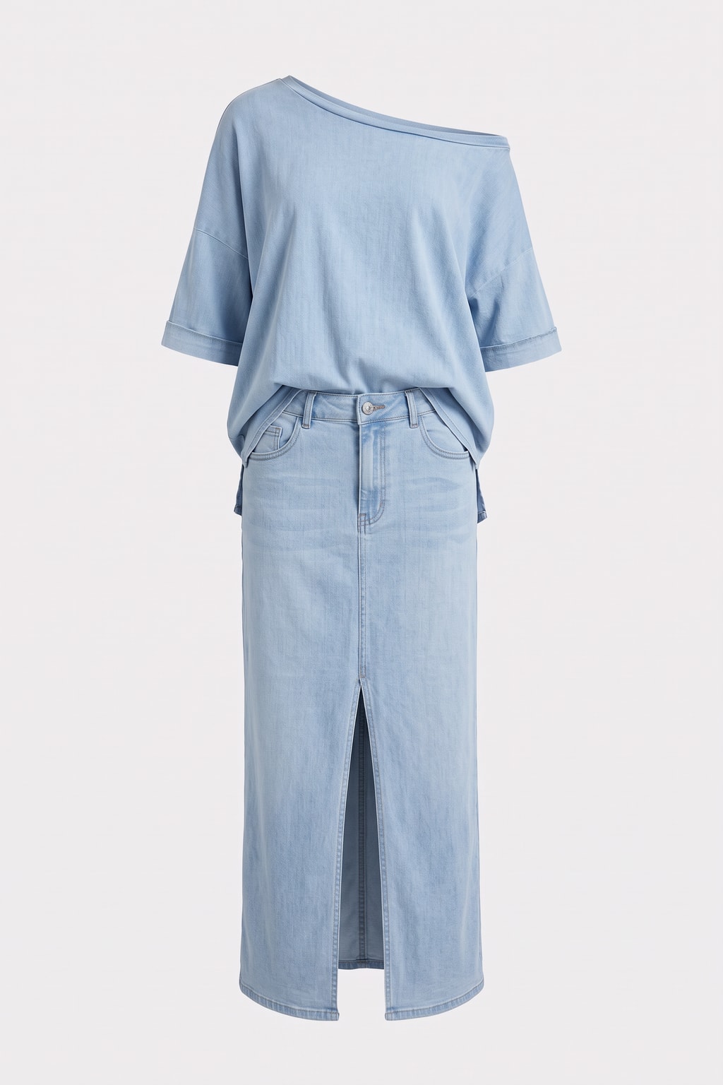 Blue Denim Off-Shoulder Maxi Skirt Set - 1