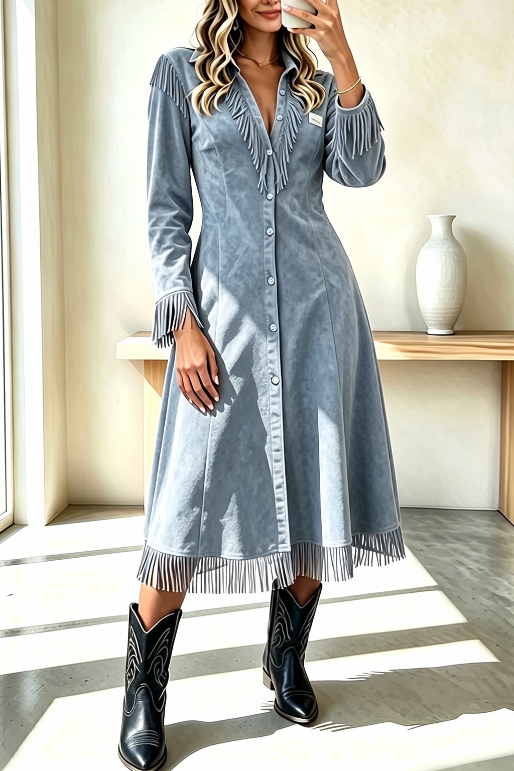 Suede Midi Dress With Fringe Tassel Trim - 7