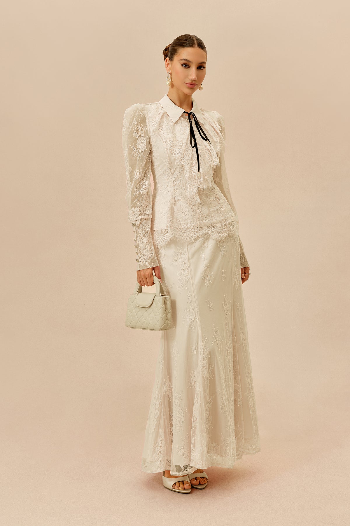 Apricot Lace Collared Top and Maxi Skirt Set - view 5