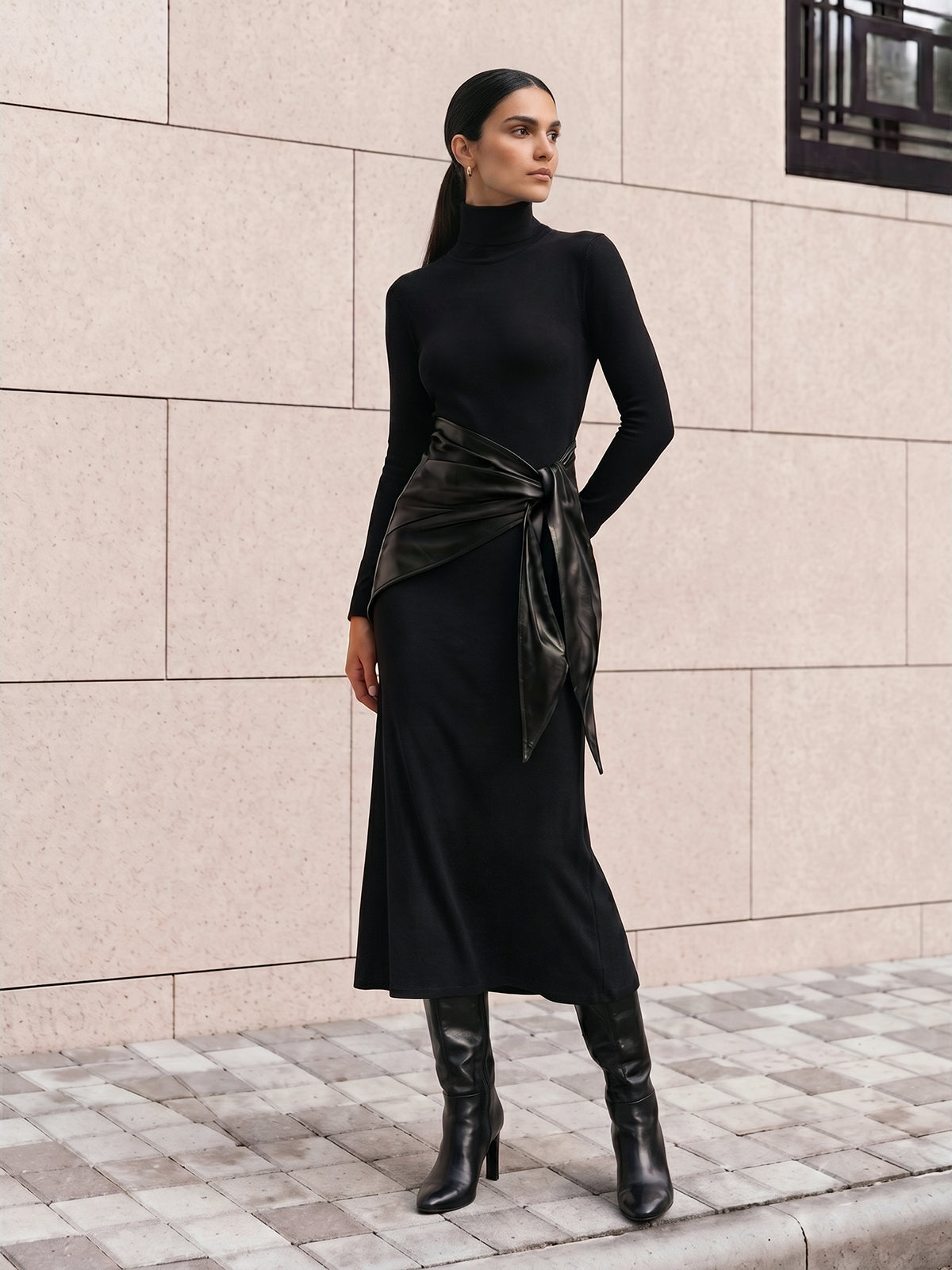 Faux Leather Belted Turtleneck Maxi Dress - view 2