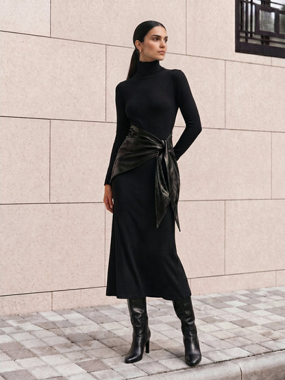 Faux Leather Belted Turtleneck Maxi Dress - view 2