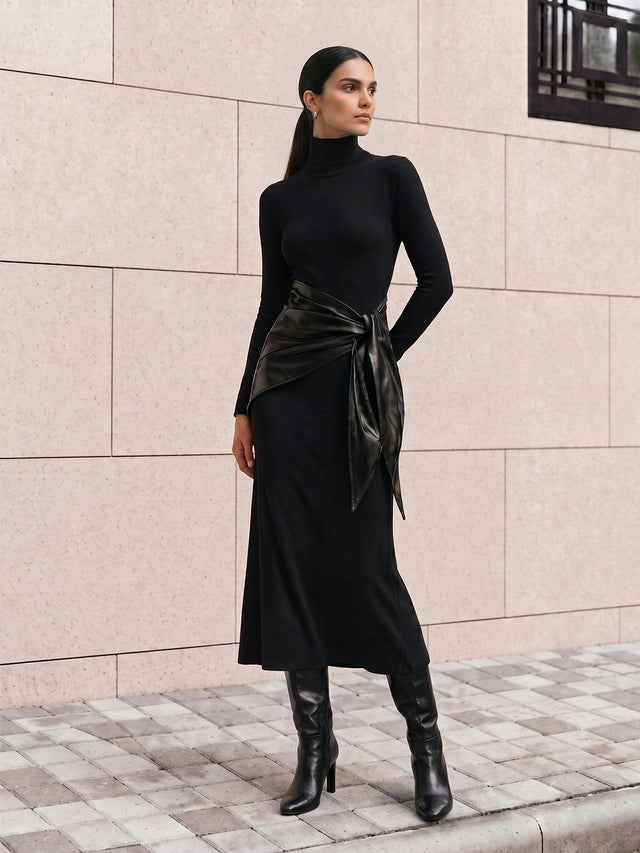 Faux Leather Belted Turtleneck Maxi Dress - 2