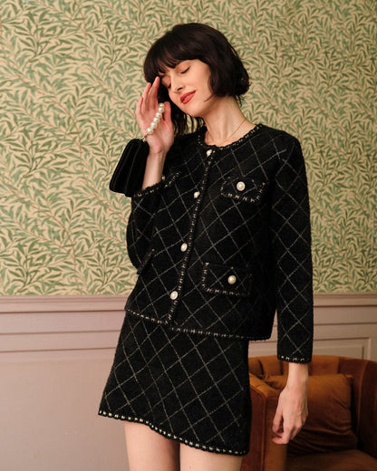 Argyle Cardigan and Mini Skirt Set in Black - view 2