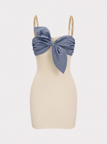 Beige Chain-Trim Sleeveless Mini Dress