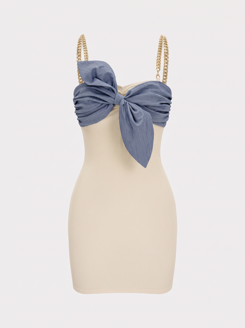 Beige Chain-Trim Sleeveless Mini Dress