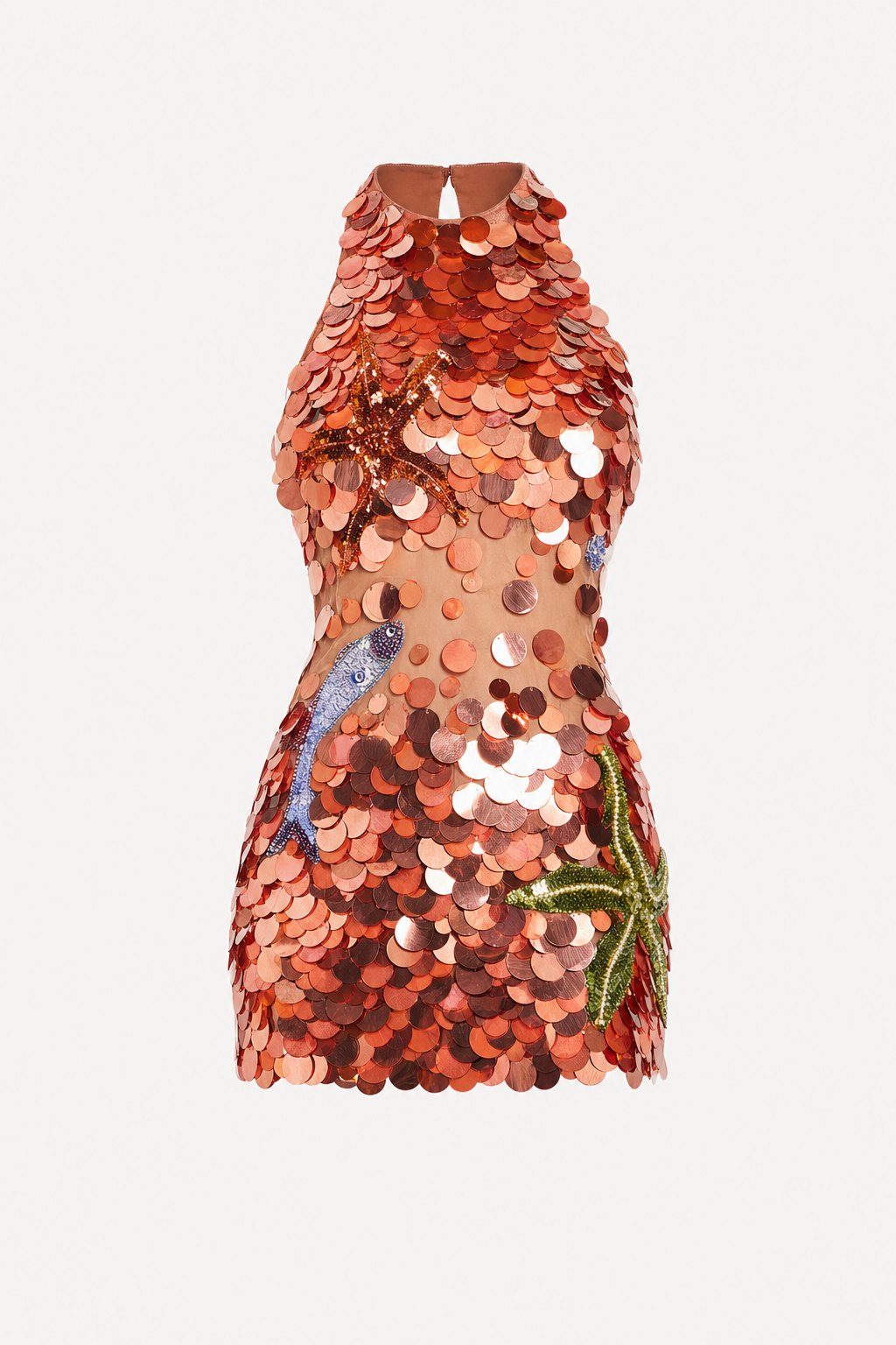 Red sequin halter mini dress with open back