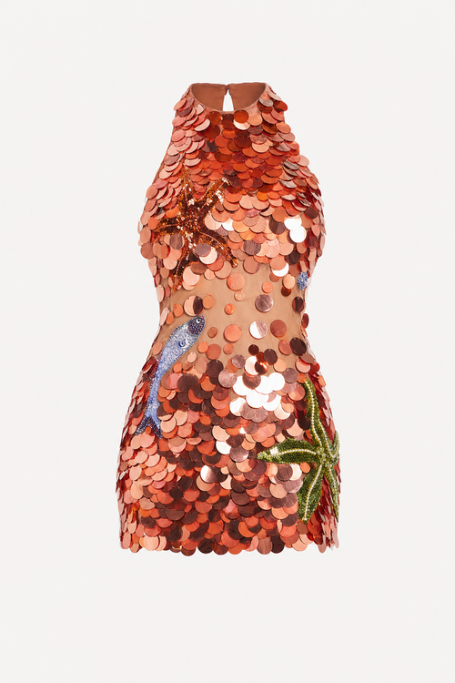 Red sequin halter mini dress with open back