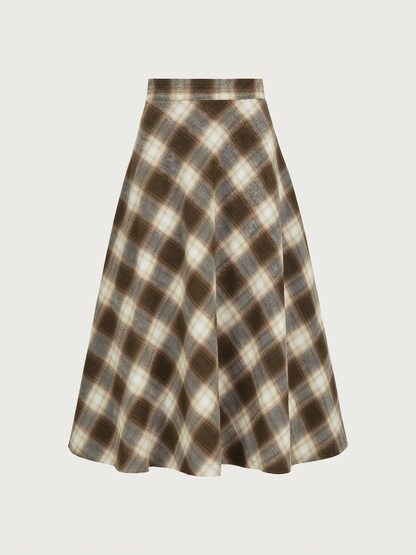 Brown Plaid Cotton Midi Skirt, Elastic Waist