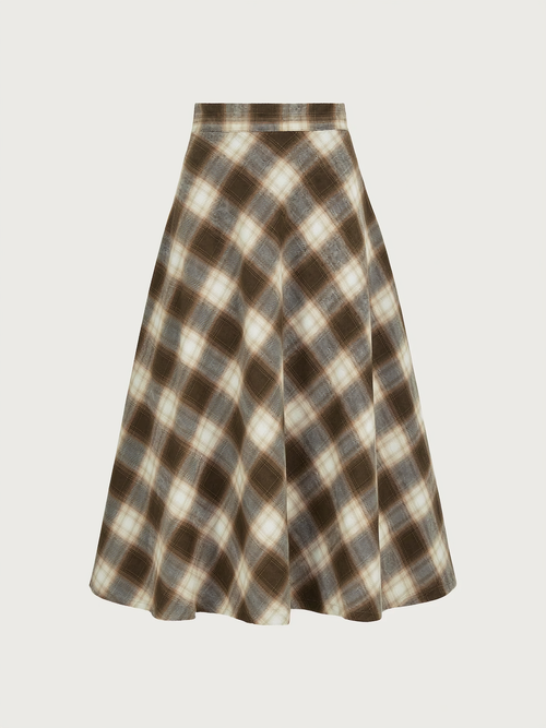 Brown Plaid Cotton Midi Skirt, Elastic Waist