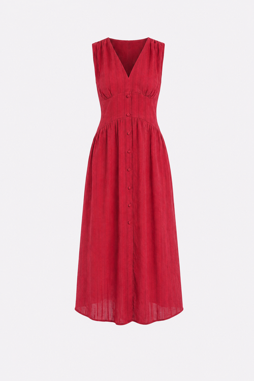 Red V-neck cotton midi dress with side pockets
