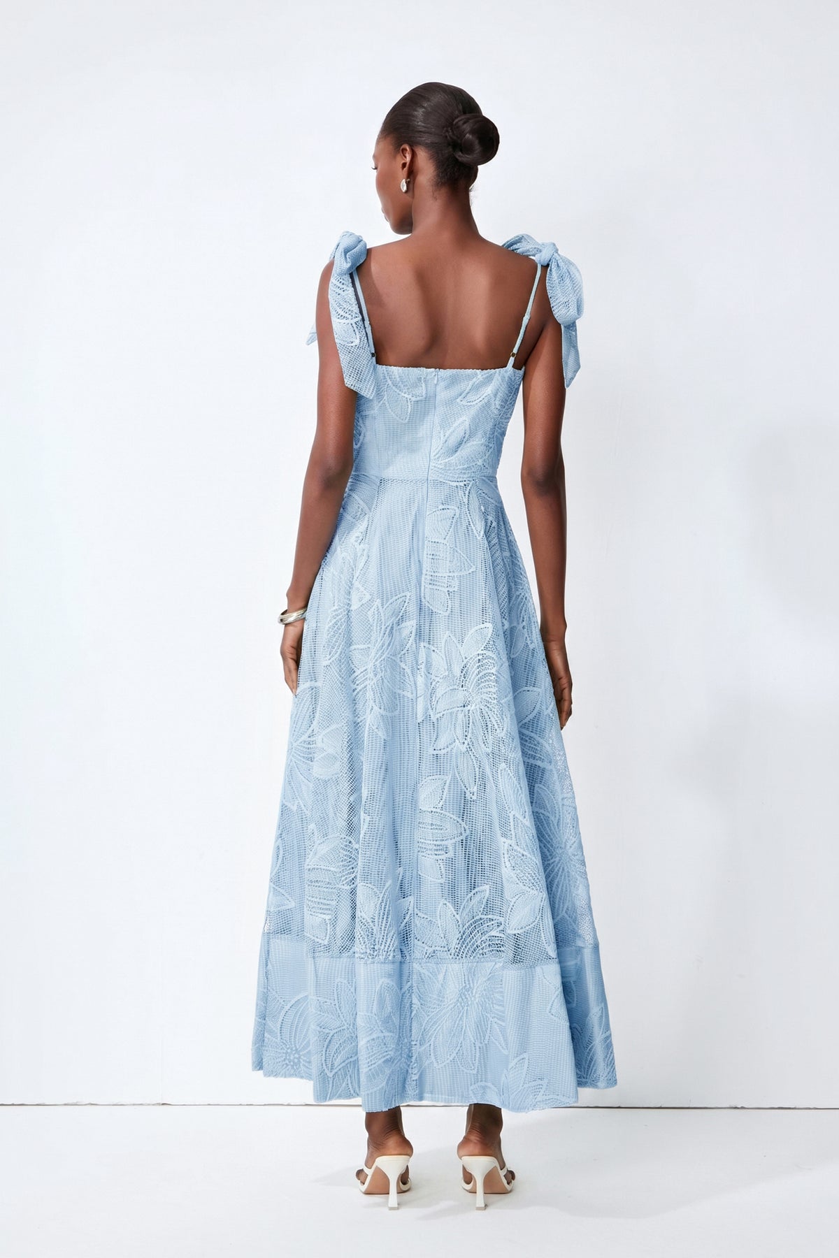 Blue Floral Lace Maxi Dress with Bow Straps - view 3