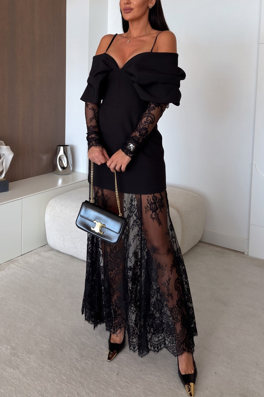 Polyester Mini Dress And Lace Maxi Skirt Set With Bow Neckline - 3