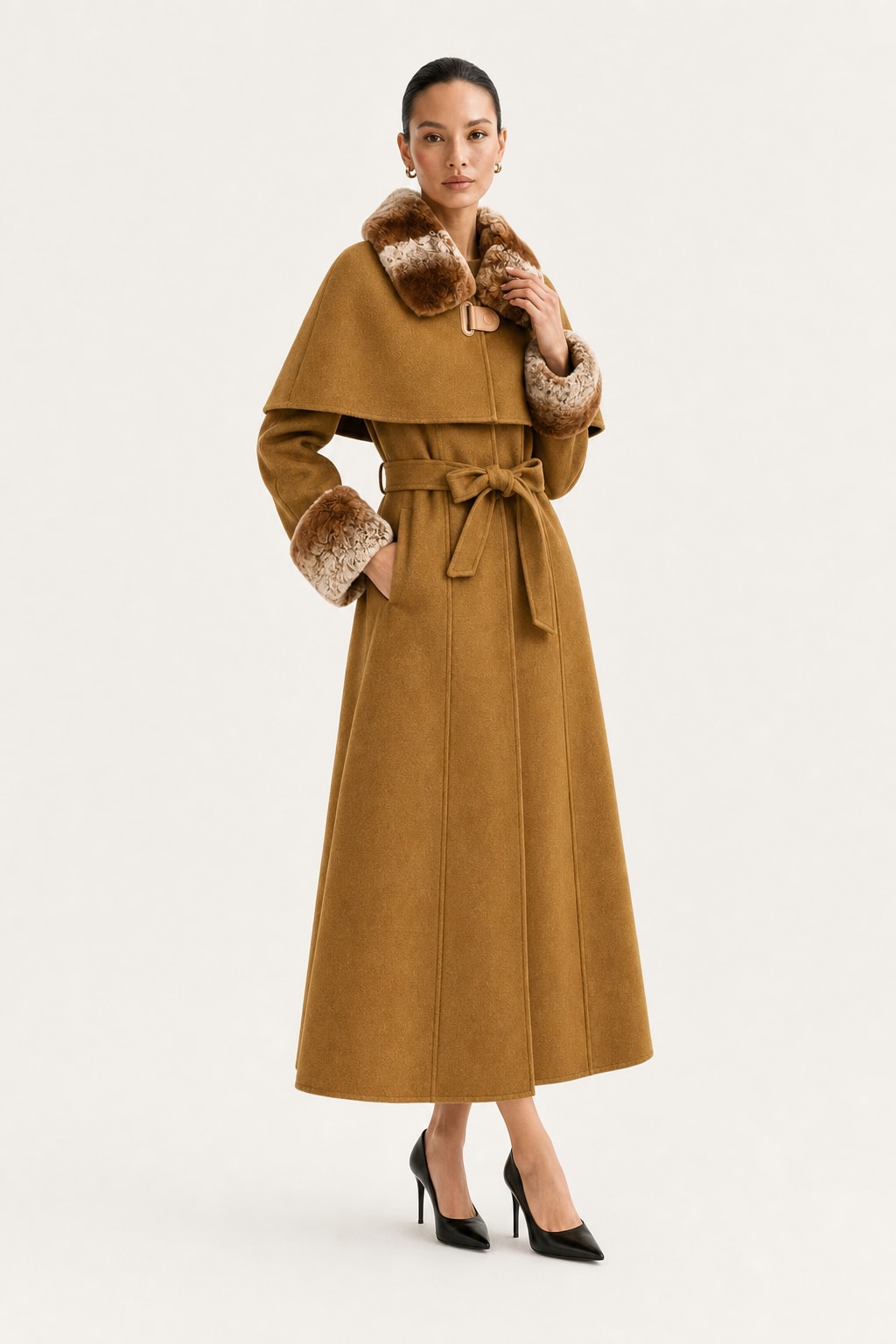 Double-Faced Wool Cape With Rabbit Fur Collar - 5