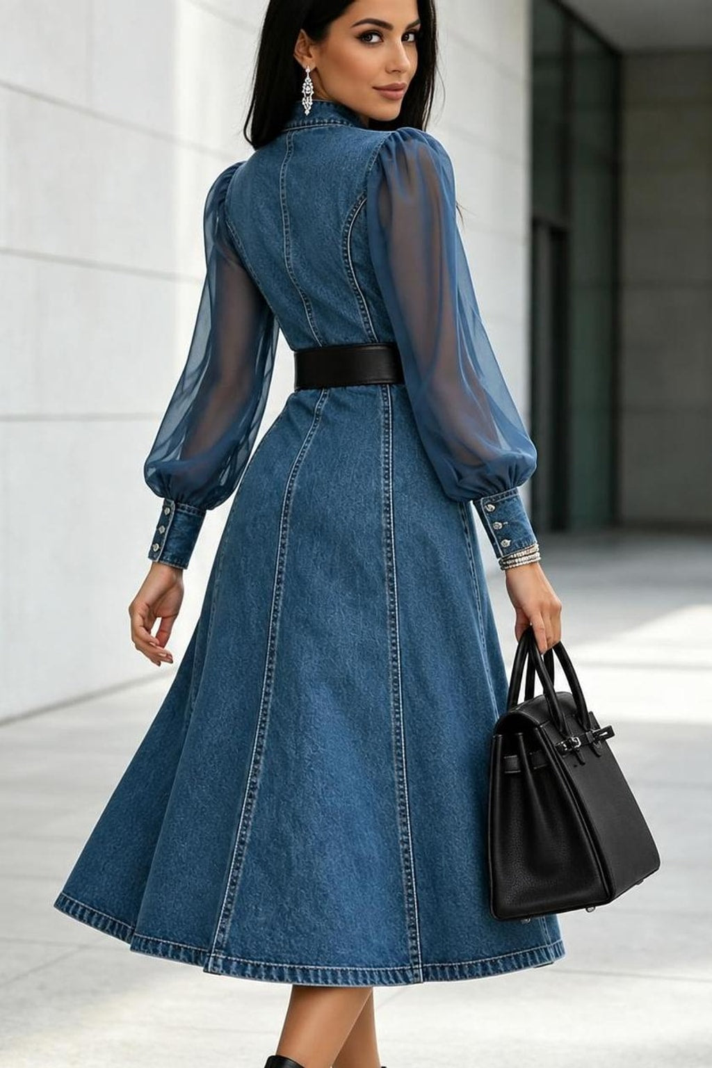 Denim Maxi Dress With Tulle Puff Sleeves - 3
