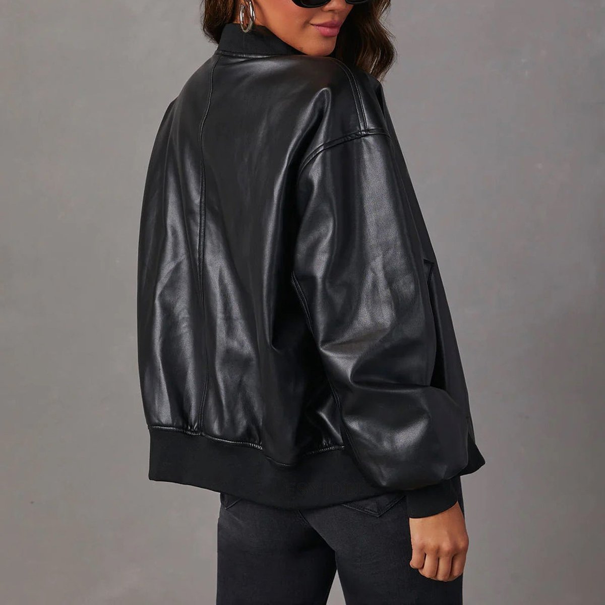 Faux Leather Bomber Jacket with Stand Collar - view 6