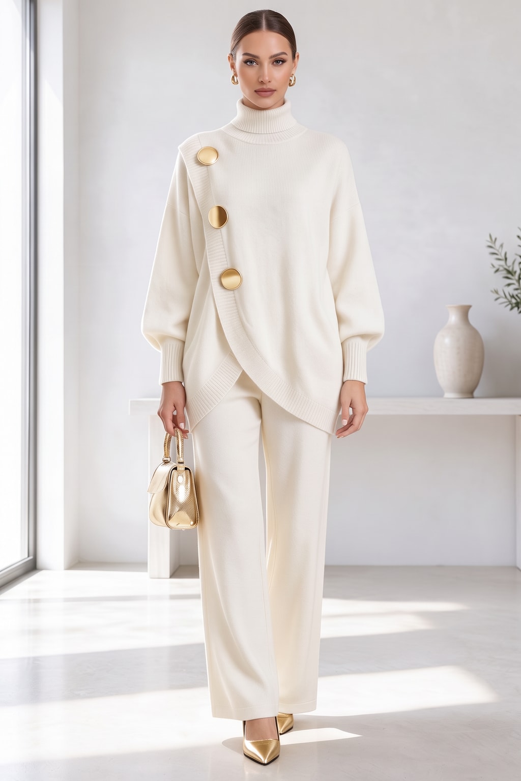 Knit Two-Piece Set With High Neck And Wide Leg Pants - 5