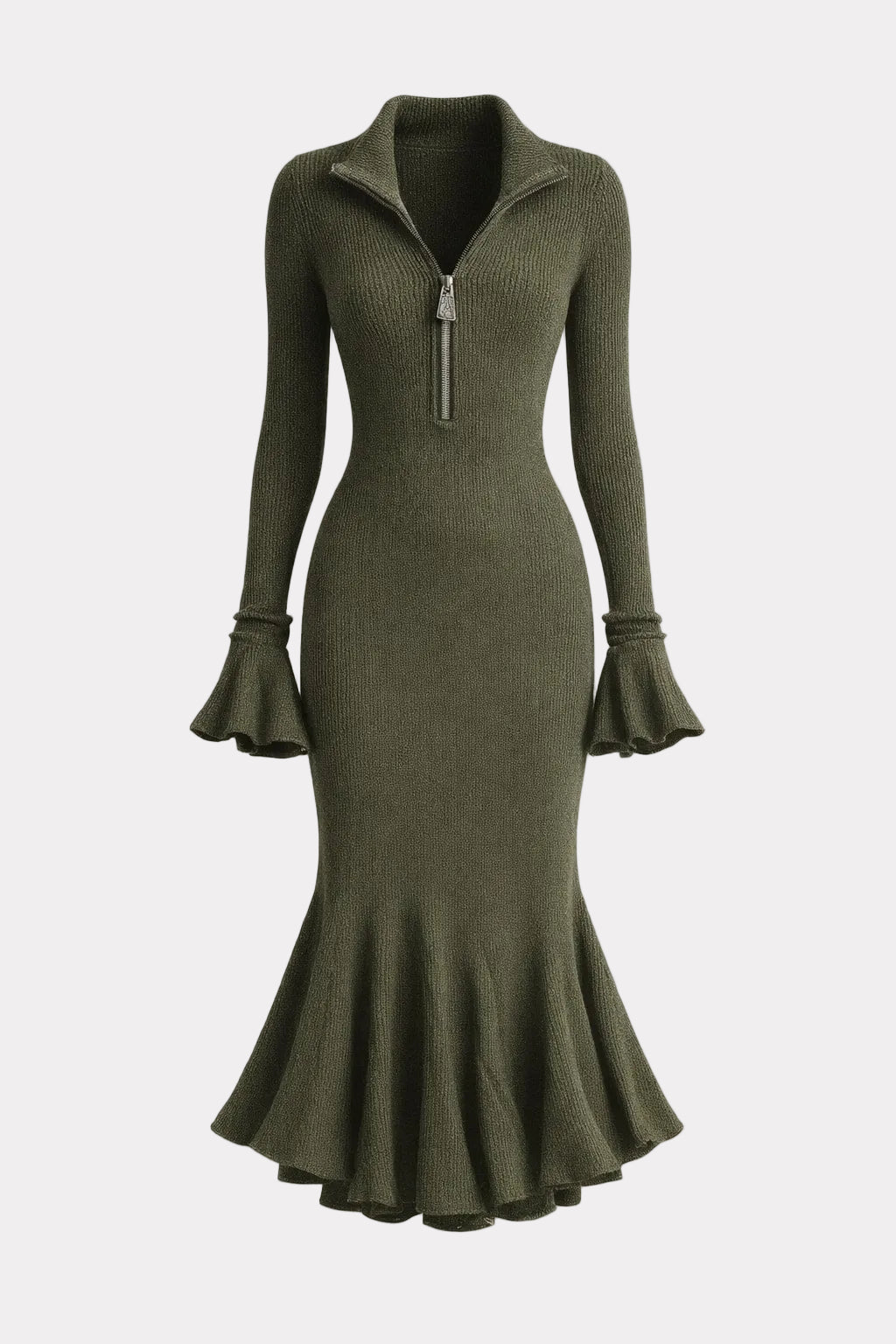 Knitted Midi Dress with Zipper Neck and Trumpet Sleeves - 1