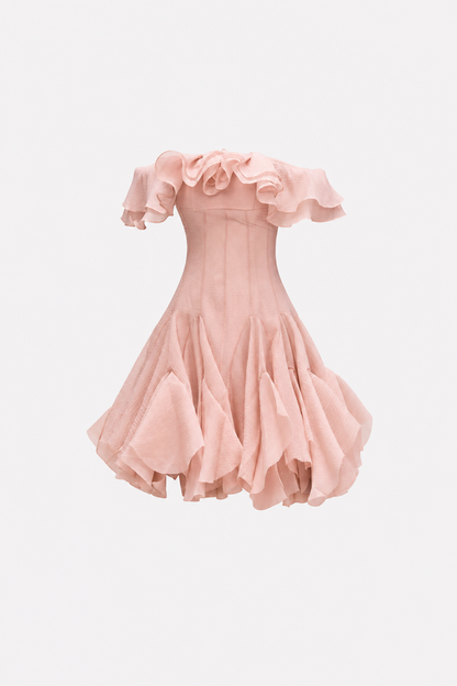 Pink off-shoulder ruffle mini dress