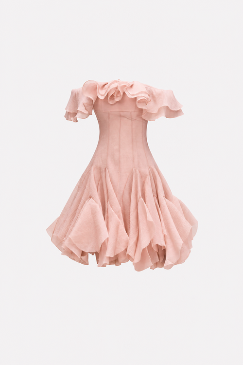 Pink off-shoulder ruffle mini dress