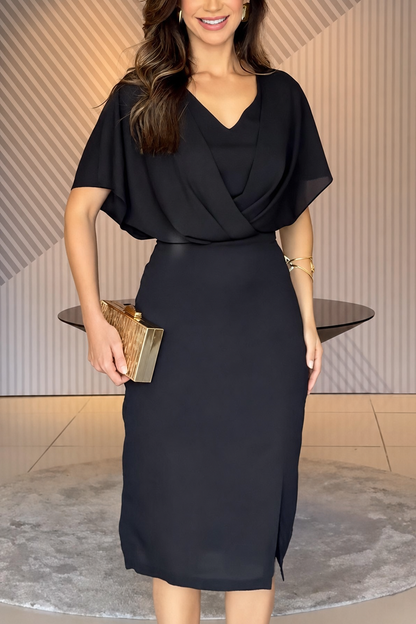 Black Chiffon Pencil Dress with Batwing Sleeves - view 2