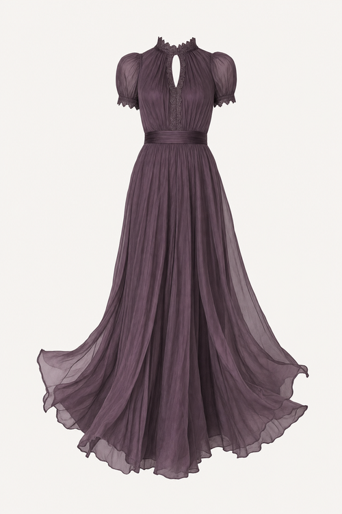 Purple Chiffon Maxi Dress with Lace Trim