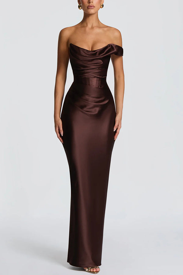 Satin one-shoulder pleated maxi dress - view 8