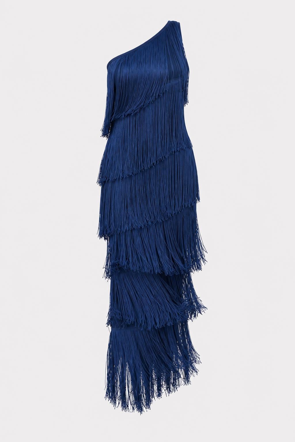 Fringe Trim Asymmetric Maxi Dress With Flowing Hem - 1