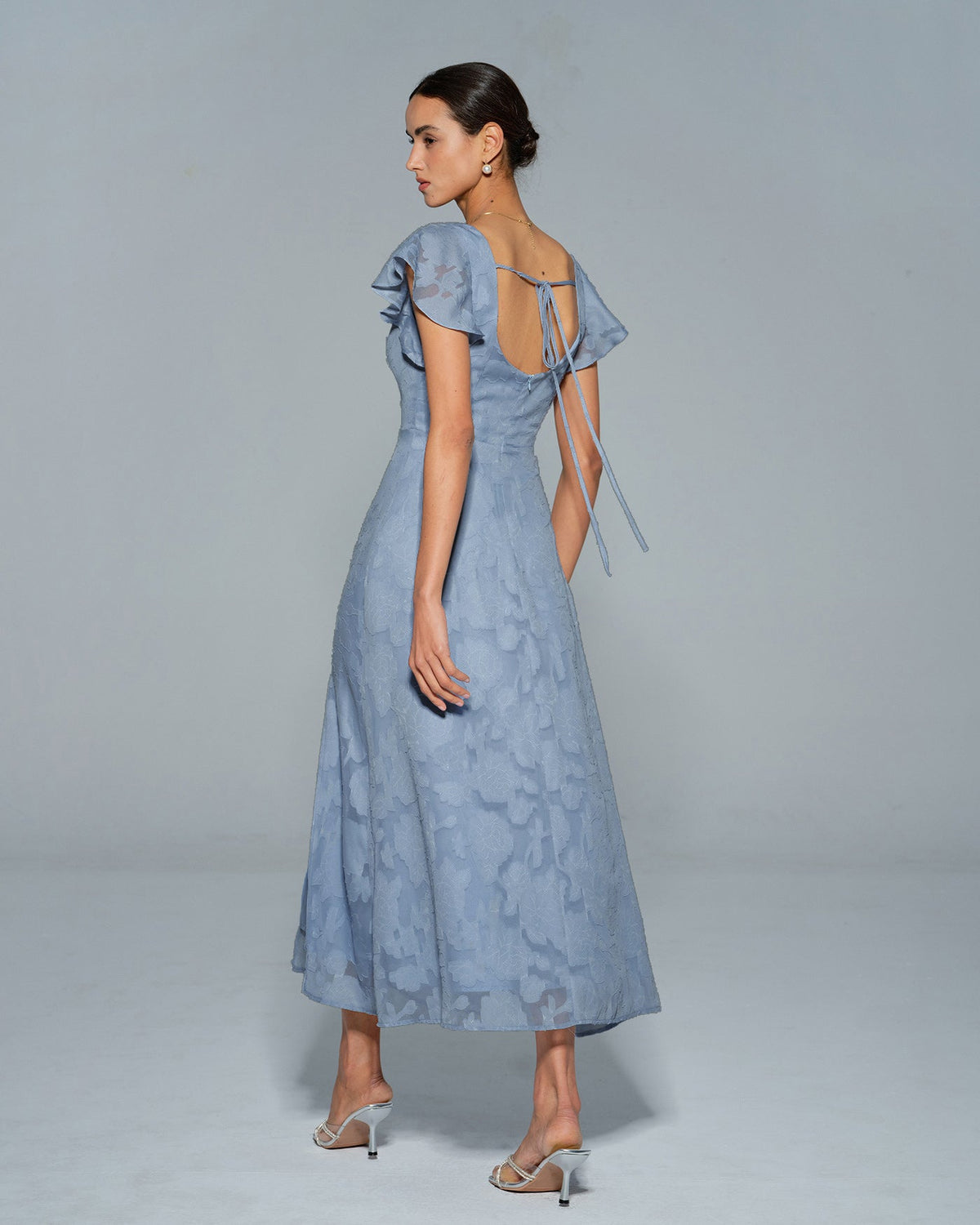 Blue Jacquard Square Neck Midi Dress - view 5