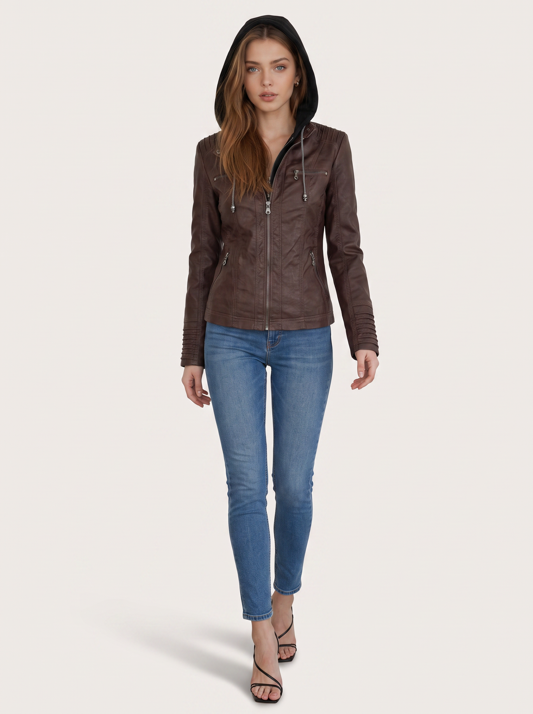 Faux Leather Hooded Moto Jacket, Zip Cuffs - view 2