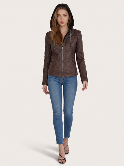 Faux Leather Hooded Moto Jacket, Zip Cuffs - view 2