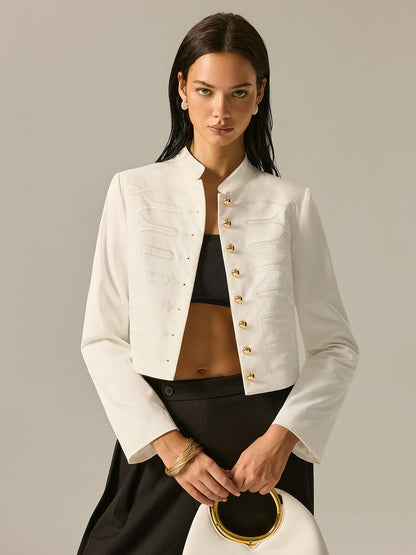 Off-white woven blazer with embroidered stand collar - view 3