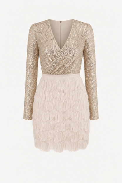 Sequin tiered fringe mini dress with long sleeves