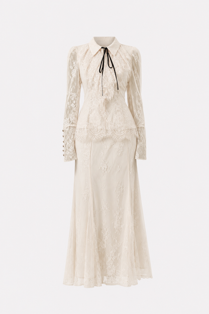 Apricot Lace Collared Top and Maxi Skirt Set