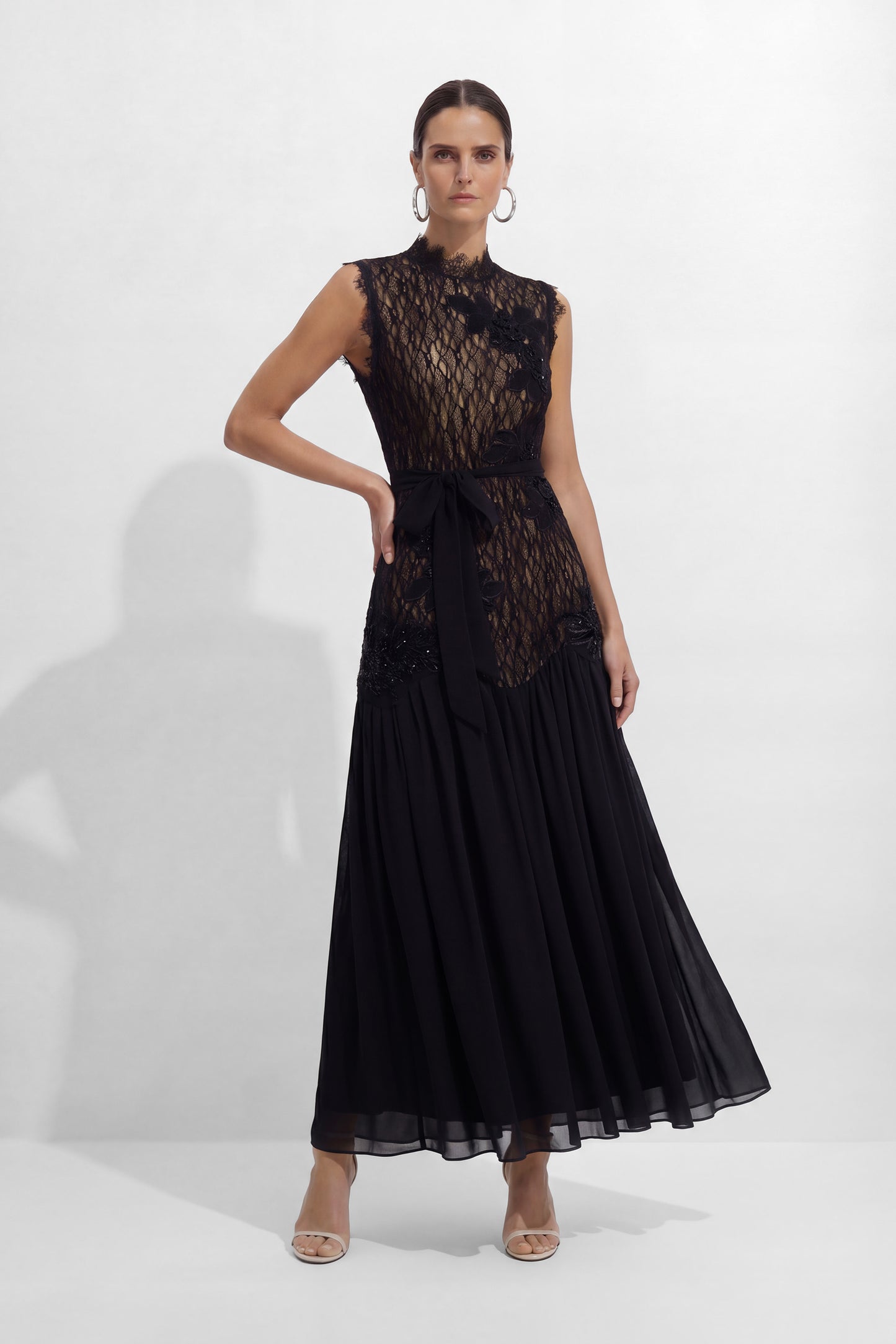 Floral Applique Lace and Chiffon Maxi Dress - view 2