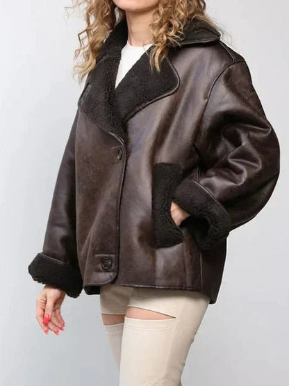 Brown Oversized Collarless Leather Jacket - view 2