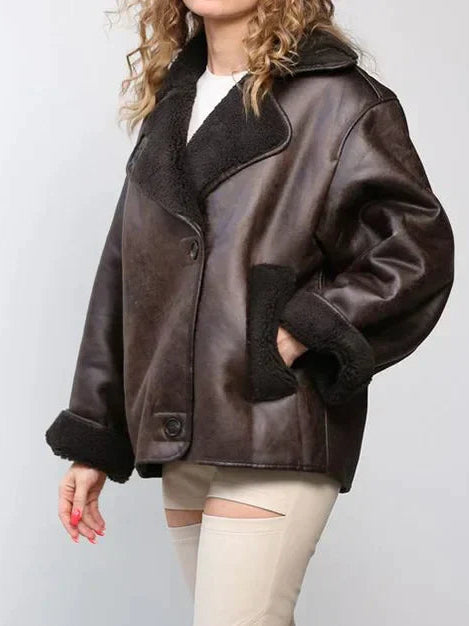 Relaxed Brown Leather Jacket Oversized Collarless Fit - 2