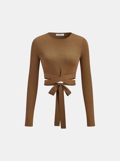 Ribbed knit long-sleeve top with tie back
