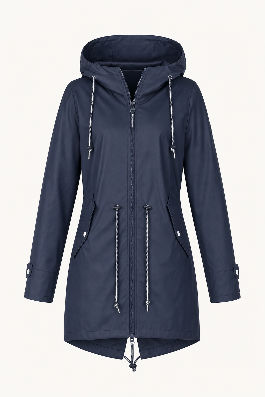 Water repellent hooded rain jacket with drawstring waist