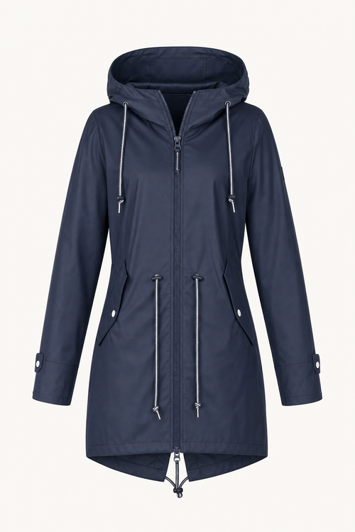 Water repellent hooded rain jacket with drawstring waist