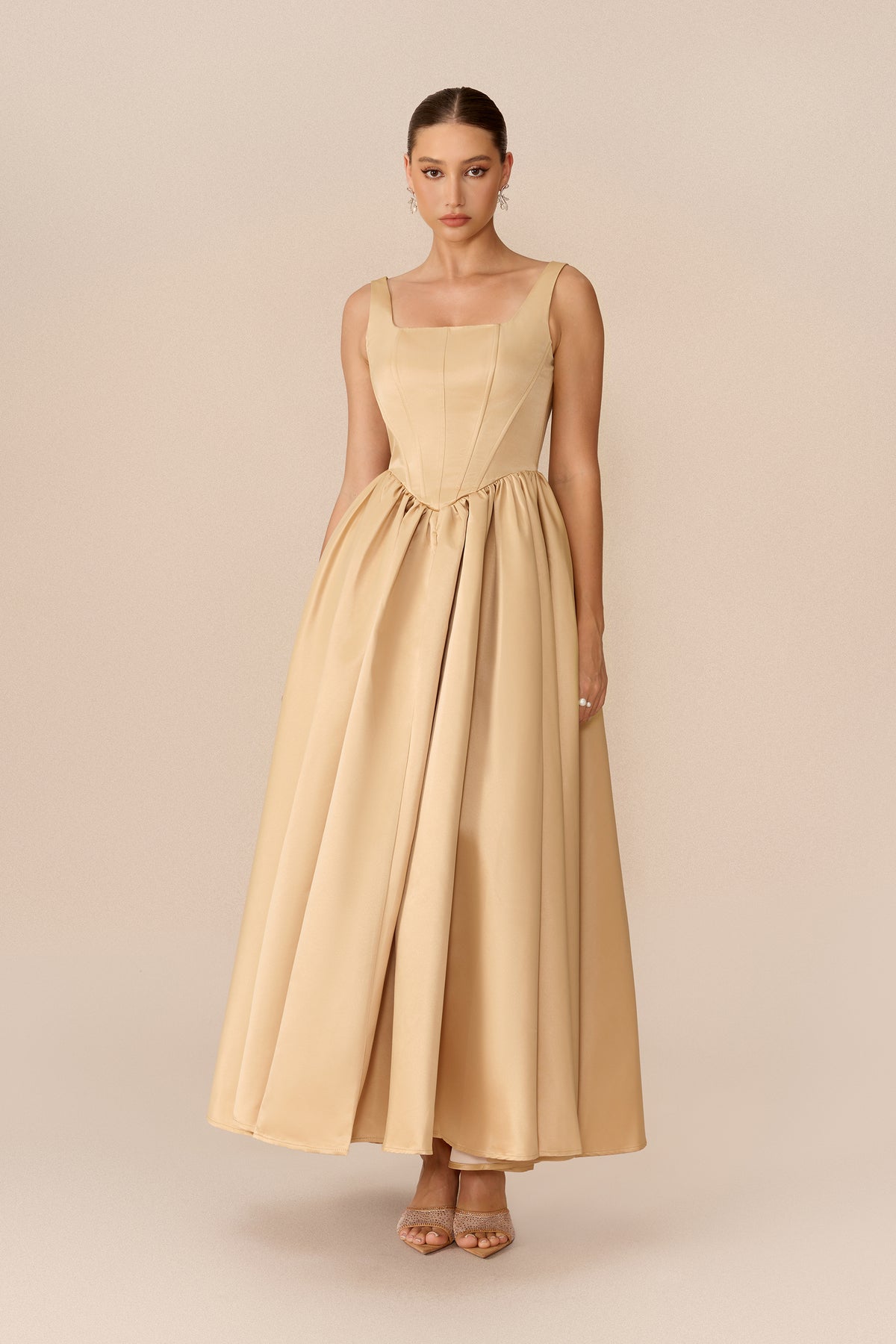 Khaki satin square neck corset maxi dress - view 2