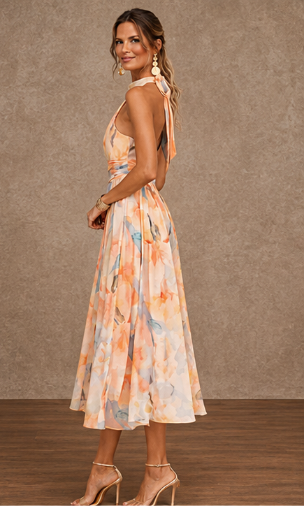 Orange floral watercolor halter maxi dress - view 3