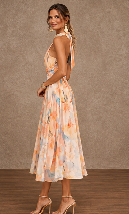 Orange floral watercolor halter maxi dress - view 3