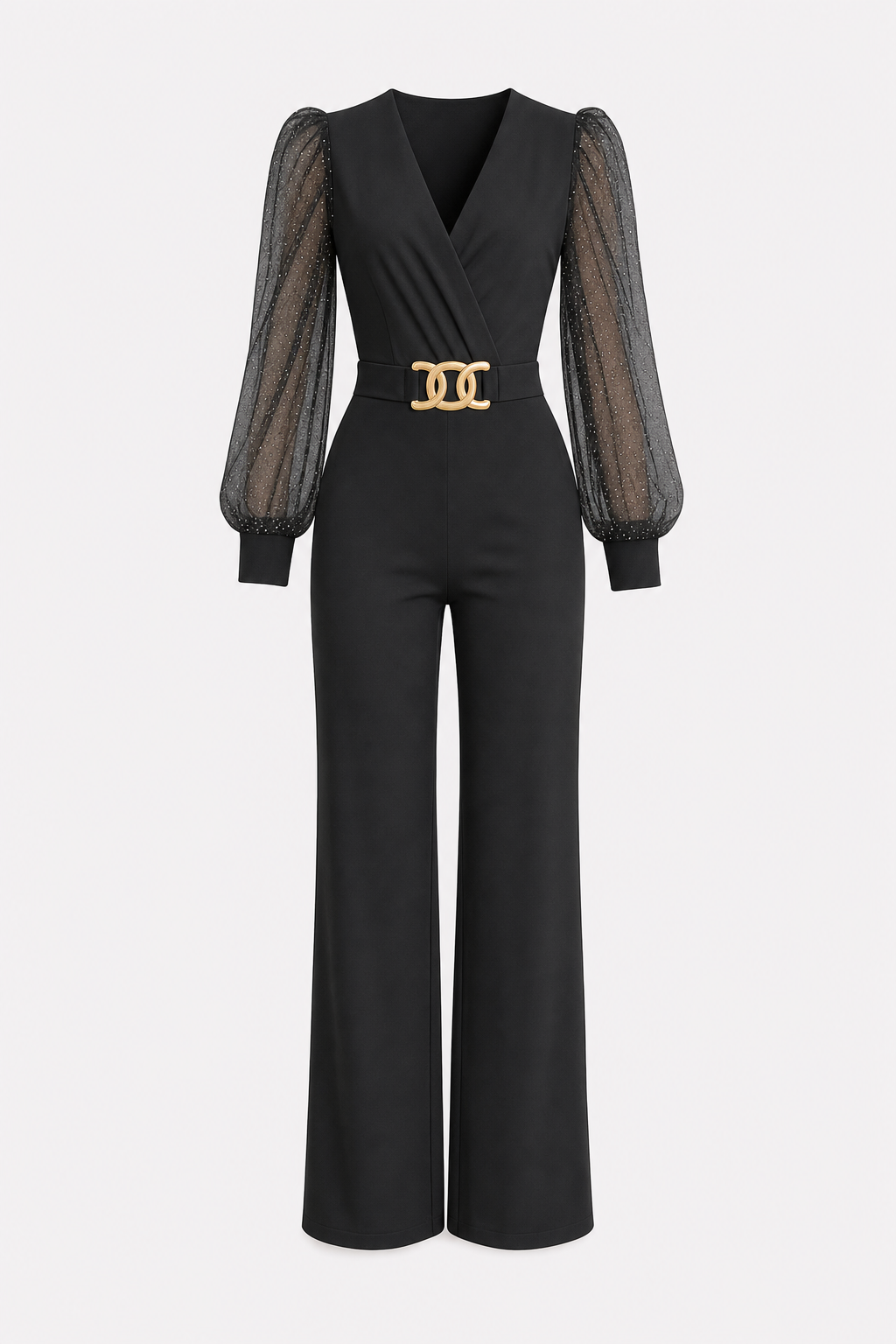 Black sequin mesh jumpsuit with lantern sleeves