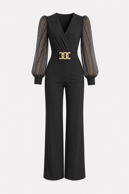 Black sequin mesh jumpsuit with lantern sleeves