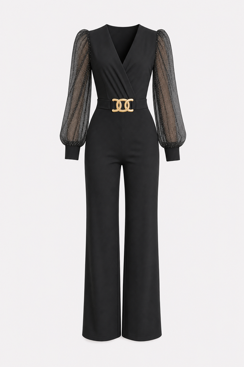 Black sequin mesh jumpsuit with lantern sleeves