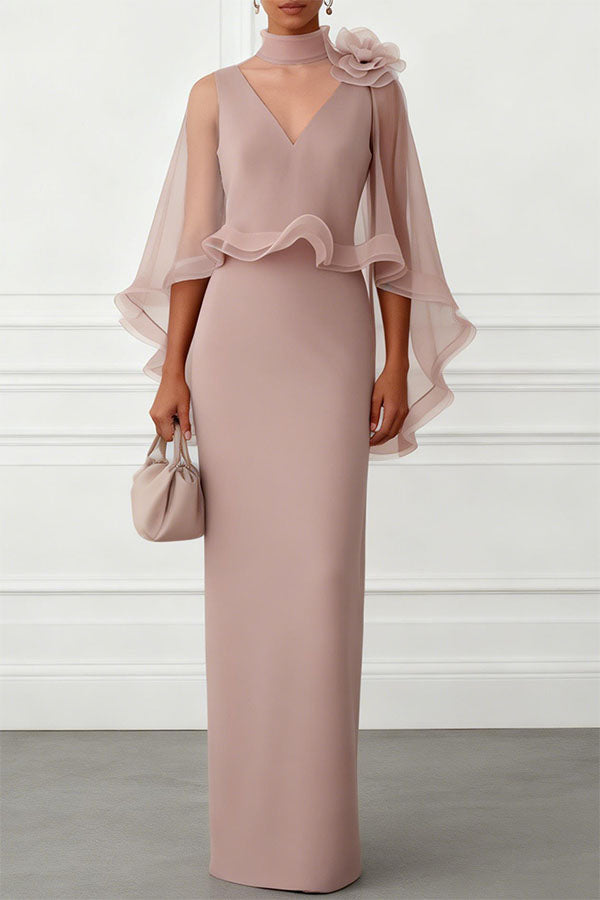 Pink 3D Floral Mesh Cape Sleeve Maxi Dress - view 2