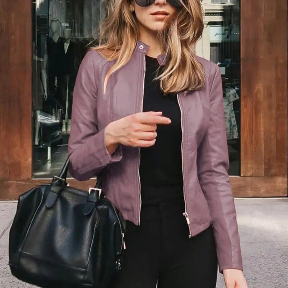 Faux Leather Moto Jacket with Band Collar - view 9