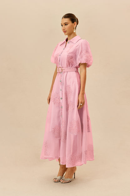 Pink Embroidered Belted Shirt Maxi Dress - view 5